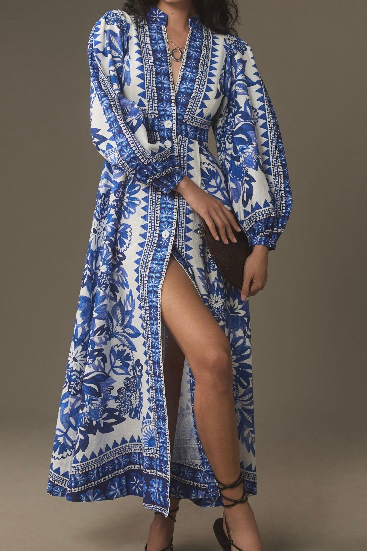 Button Up Printed Long Sleeve Maxi Dress