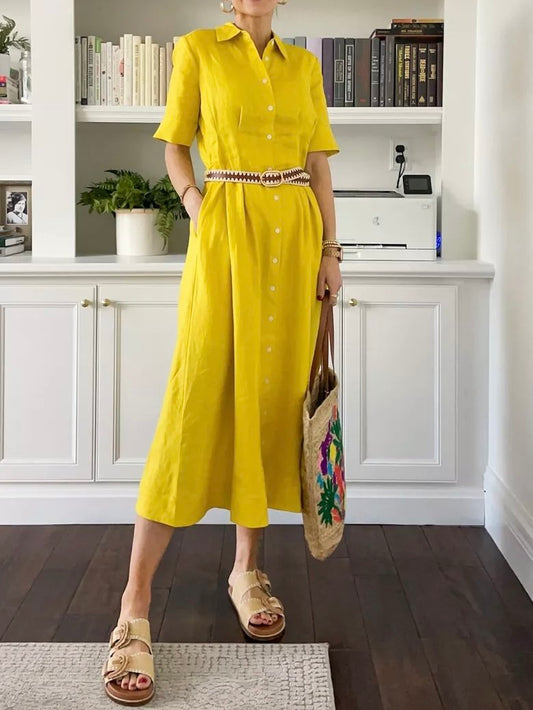 Yellow Linen Midi Dress