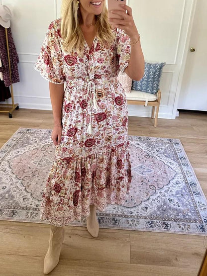 Cotton Short Sleeve V Neck Floral Print Midi Dresses