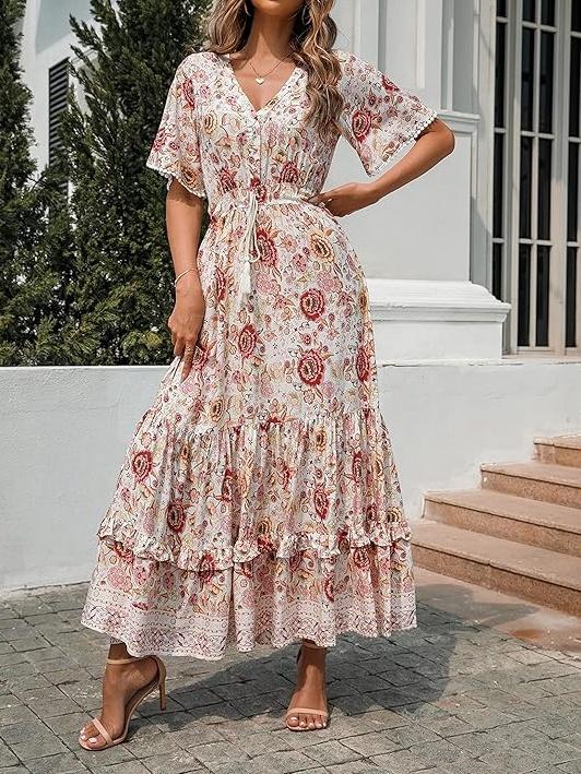 Cotton Short Sleeve V Neck Floral Print Midi Dresses