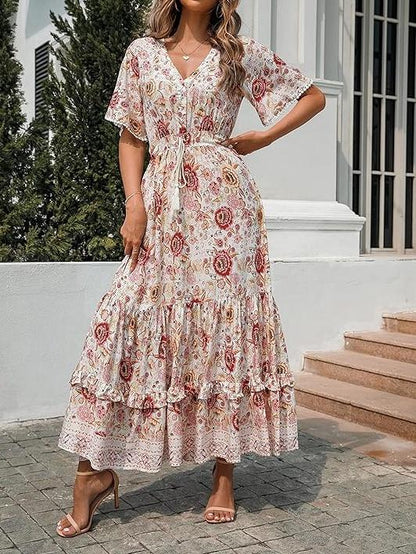 Cotton Short Sleeve V Neck Floral Print Midi Dresses