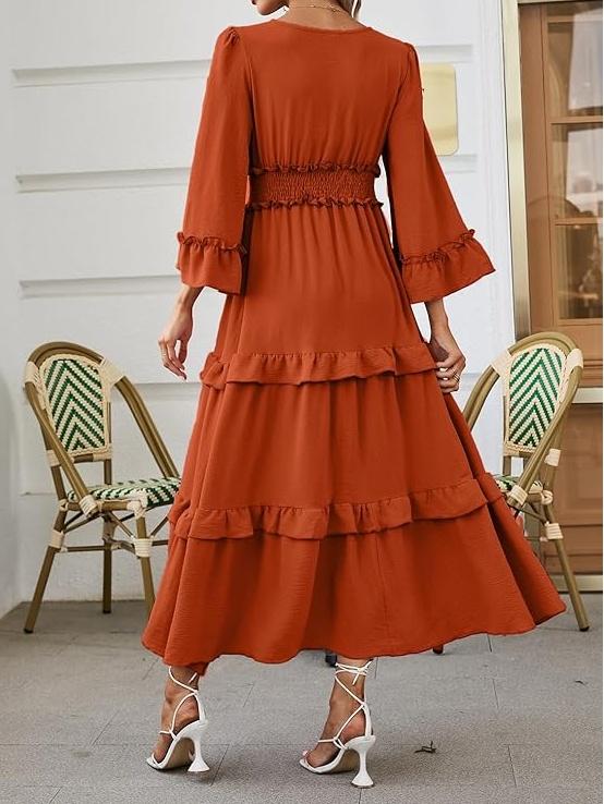 V Neck Long Sleeve Boho Maxi Dress