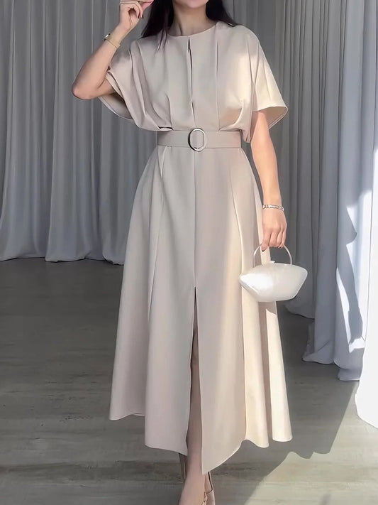 Round Neck Short Sleeve Belt Slim Long Skirt