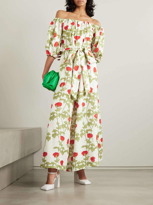 Off The Shoulder Belted Floral-Print L Maxi Dress