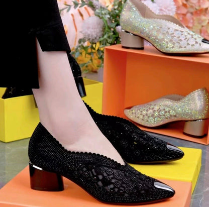 Sparkly Crystal Block Heel Pumps