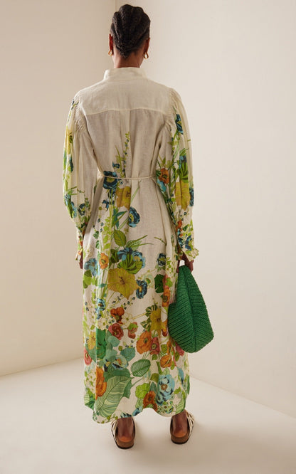 Button-Detailed Green Print Maxi Dress