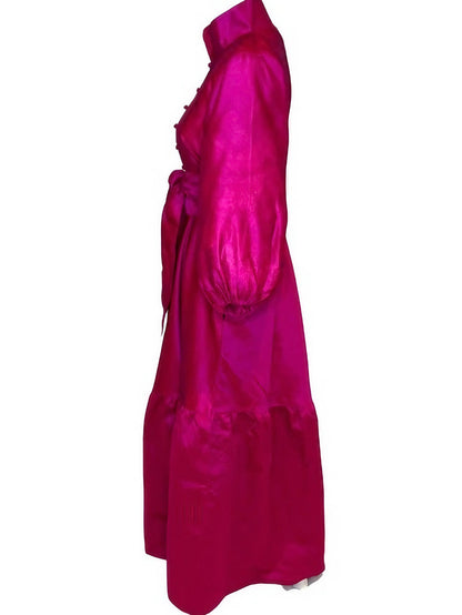 Hot Pink Button Down Satin Maxi Dress