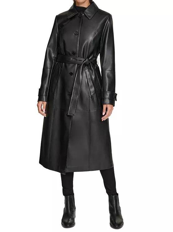 Women's Belted Faux-Leather Trench Coat