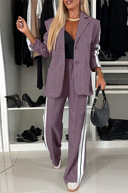 Patchwork Notch Lapel Pocketed Blazer Elastic Waist Wide Leg Pants Casual Set