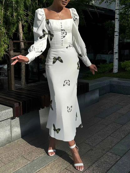 Butterfly Print Puff Sleeve Maxi Dress