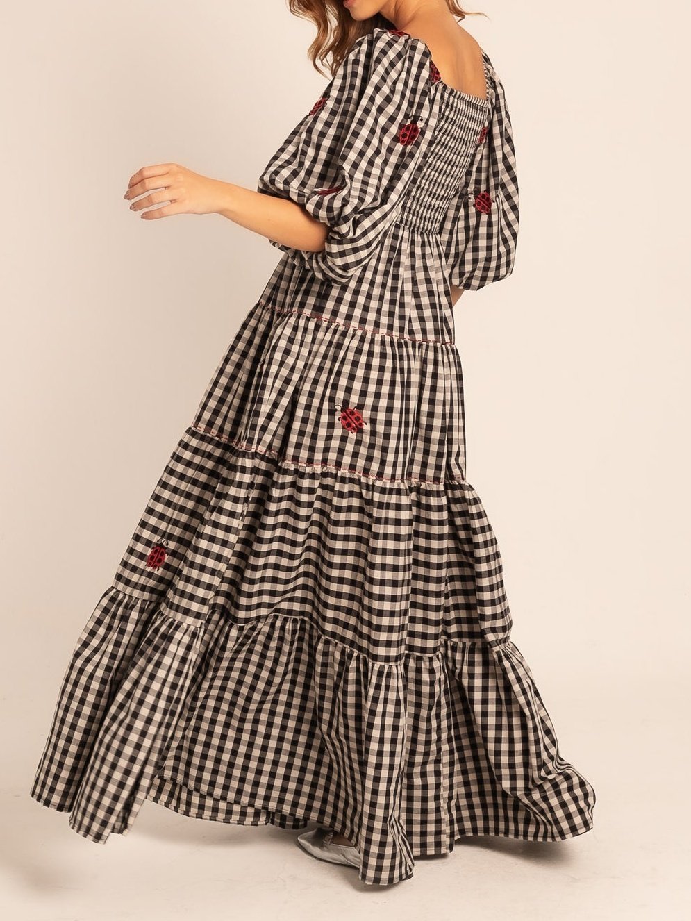 Black&White Plaid Square Neck Smocked Maxi Dress