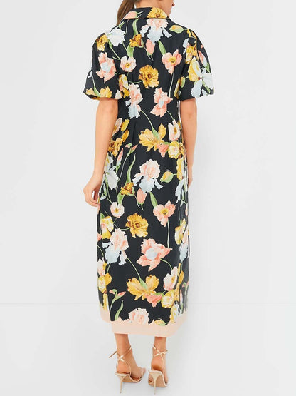 Collared Neckline Puff Sleeve Maxi Dress