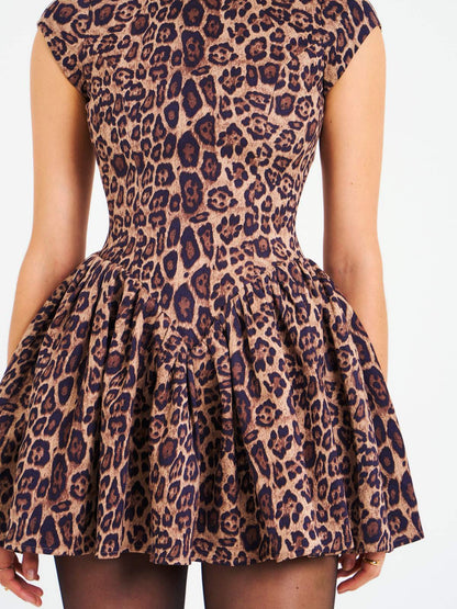 Backless Cheetah Print Mini Puffy Dress