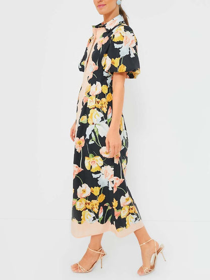 Collared Neckline Puff Sleeve Maxi Dress