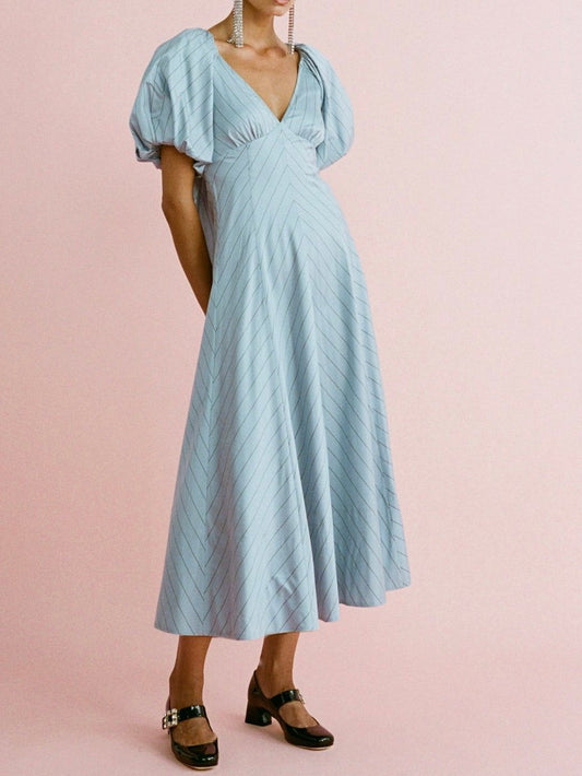 Blue Print Puff Sleeves Maxi Dress