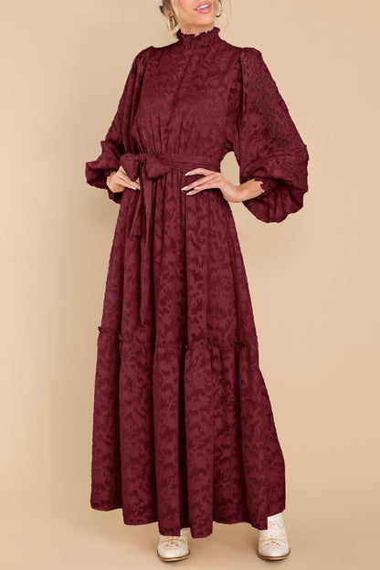 Floral High Neck Long Sleeve Elastic Waist Maxi Dress