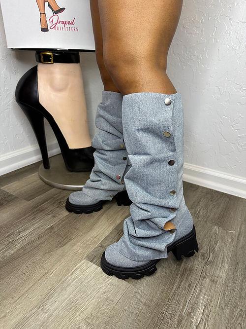 Detachable Denim Mid-Calf Boots