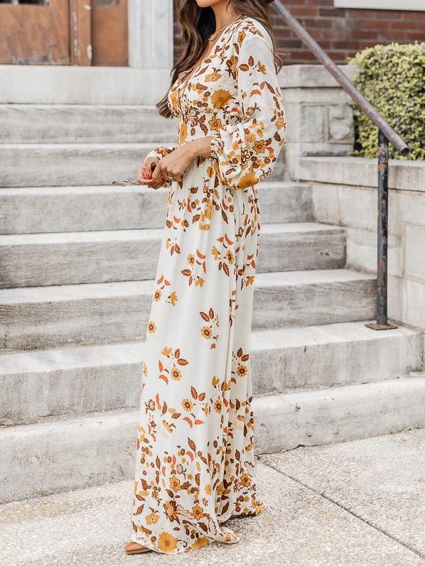 Brown Leaf Print Maxi Dress