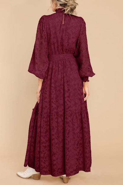 Floral High Neck Long Sleeve Elastic Waist Maxi Dress