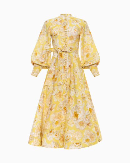 Front Button Down Long Sleeve Yellow Floral Maxi Dress