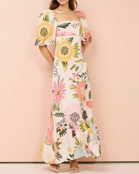 Floral Print Square Neck Bubble Sleeve Maxi Dress