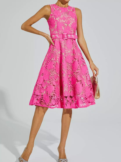 Brian Rose Red Lace Belted Midi Dress