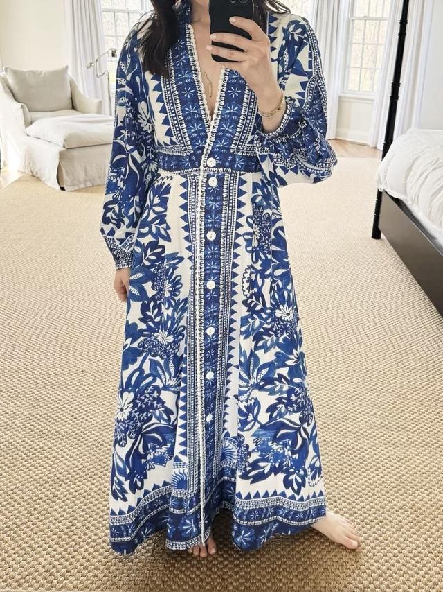 Button Up Printed Long Sleeve Maxi Dress