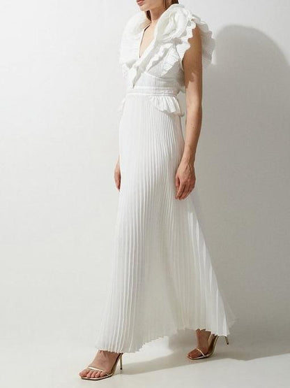 Drama Pleat Ruffle Rosette Woven Maxi Dress