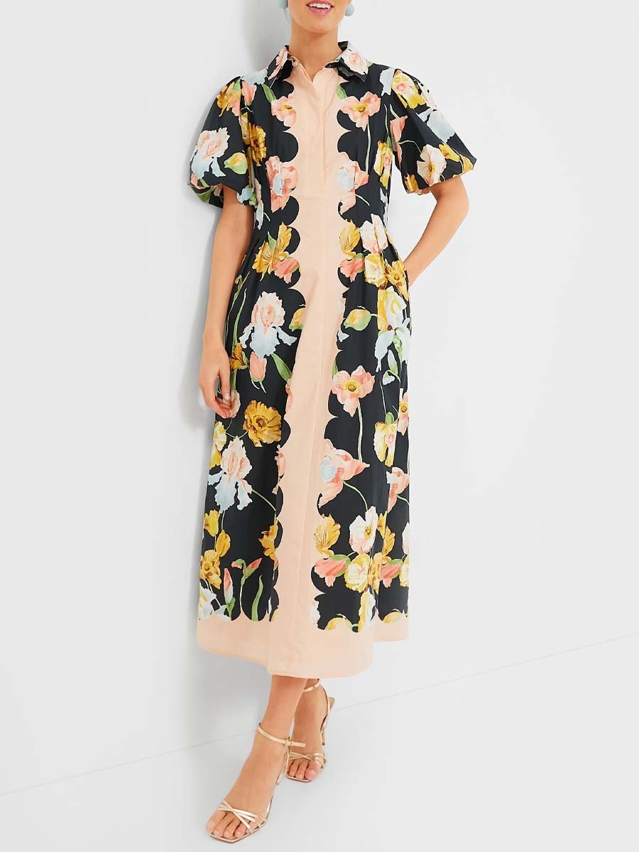 Collared Neckline Puff Sleeve Maxi Dress