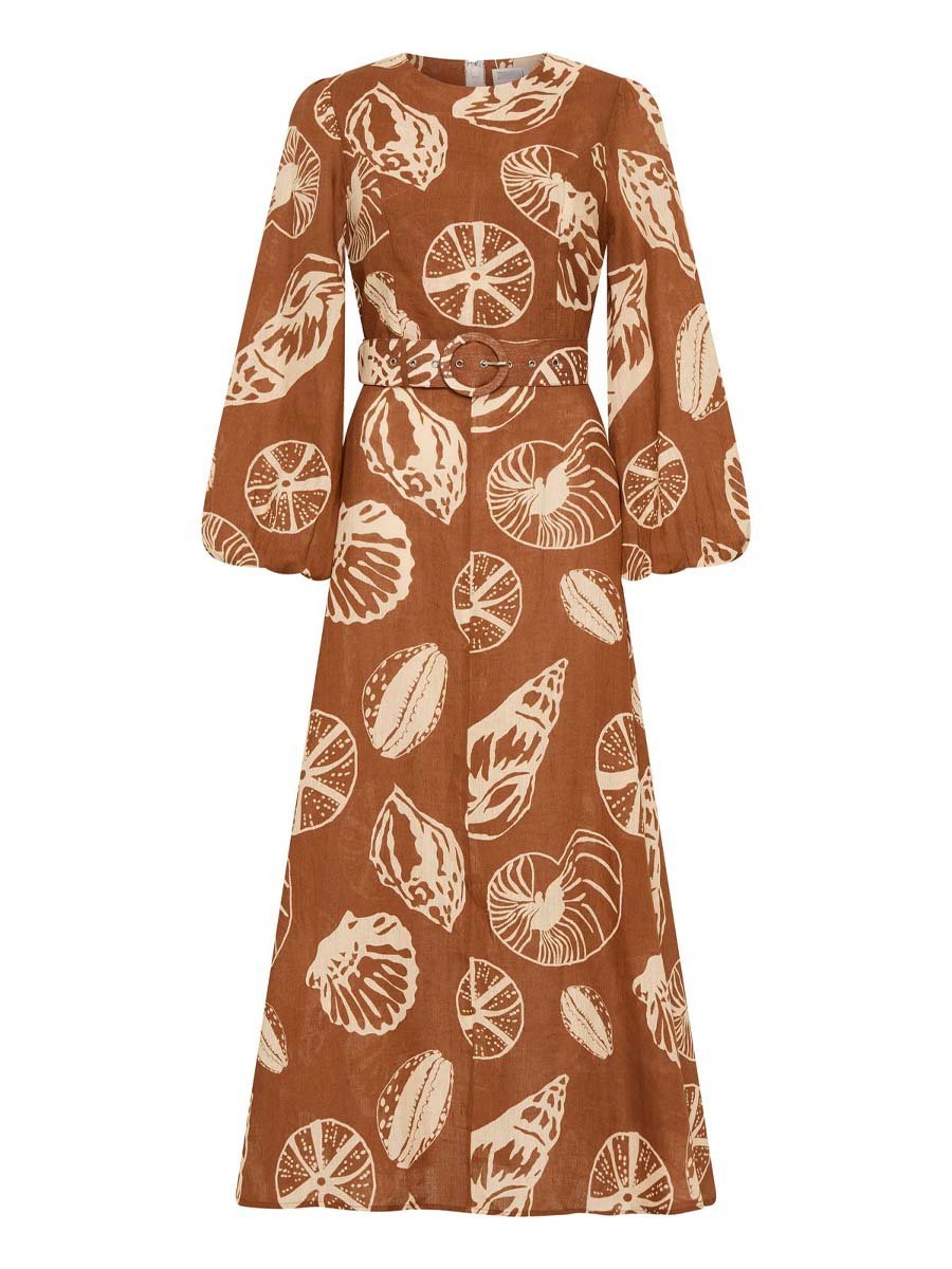 Brown Shells Linen Midi Dress