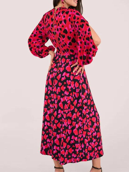 Red Heart Print Puff Sleeve Maxi Dress