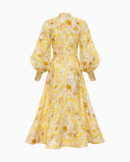 Front Button Down Long Sleeve Yellow Floral Maxi Dress