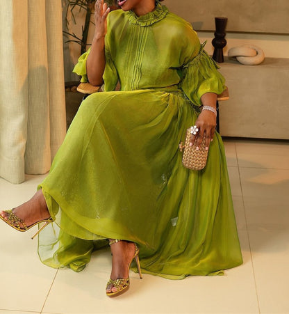 Green Tulle Long Sleeve Maxi Dress