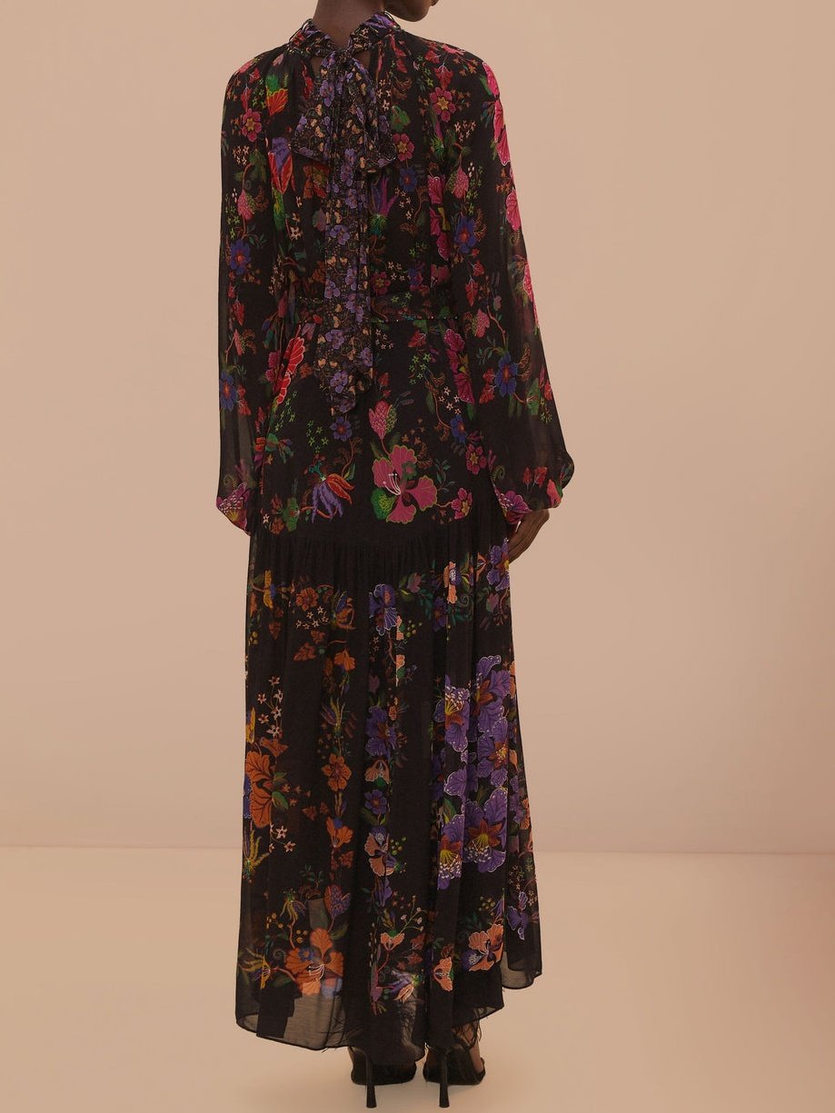 Black Floral Scarves High Neck Maxi Dress