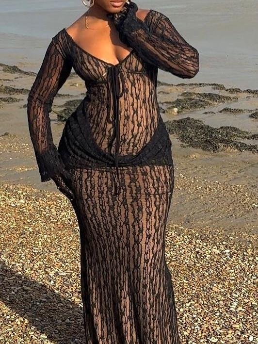 Lace Cup Detail Long Sleeve Maxi Dress