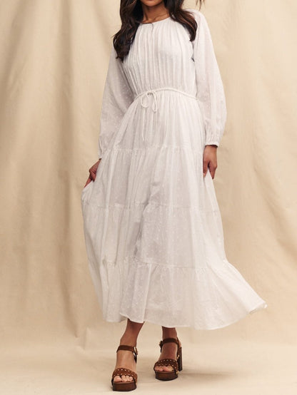 White Embroidered Tie Waist Aarti Smock Maxi Dress