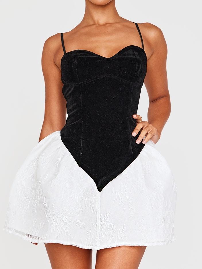 Black Velvet Dipped Waist Detail Lace Hem Mini Dress