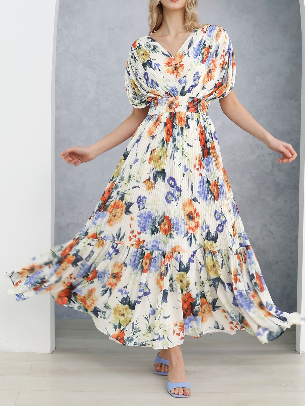 Vernal Blossom Pleated Maxi Dress