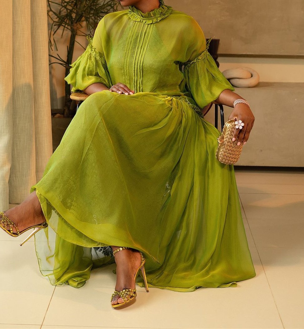 Green Tulle Long Sleeve Maxi Dress