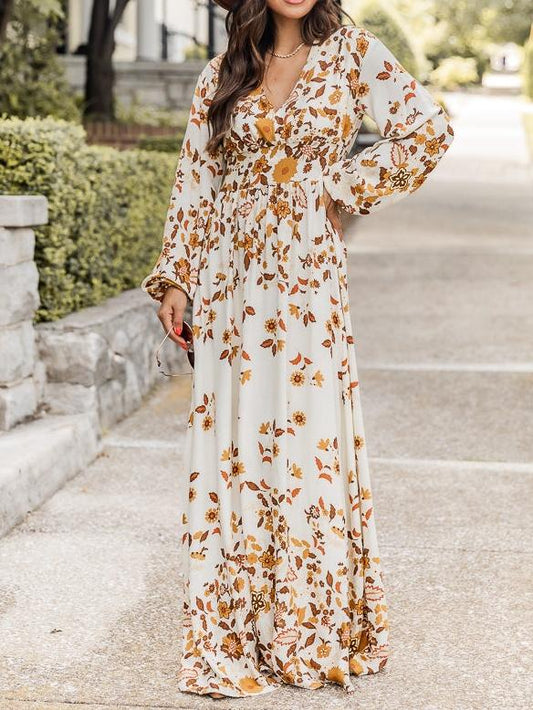 Brown Leaf Print Maxi Dress