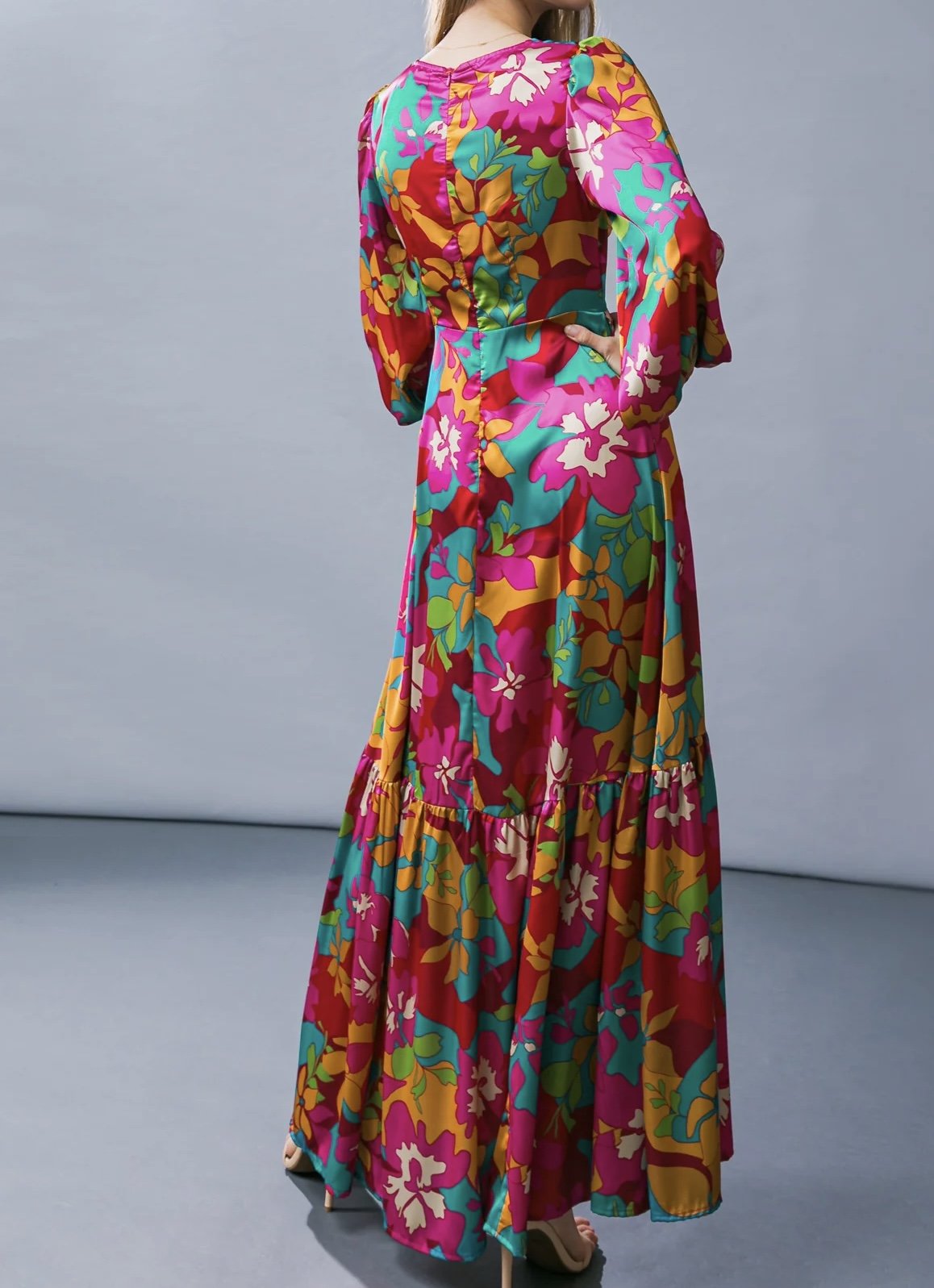 Floral Print Long Sleeve Cut Out Maxi Dress