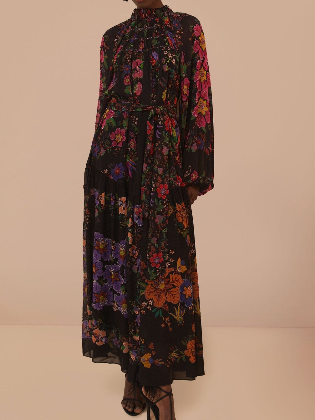 Black Floral Scarves High Neck Maxi Dress