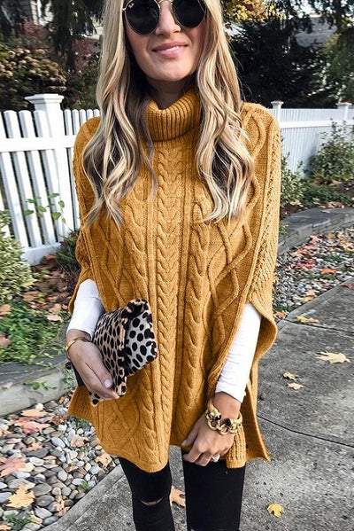 Turtle Neck Twist Braid Knitted Shawl Sweater