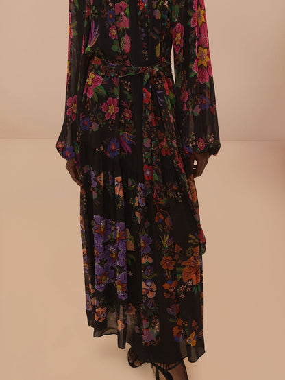 Black Floral Scarves High Neck Maxi Dress