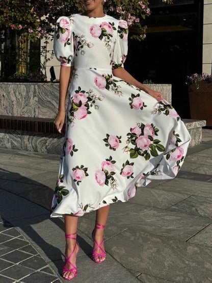 Floral Print One Shoulder A-line Midi Dress