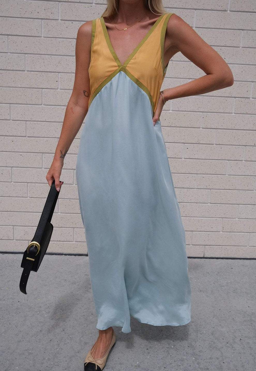 Patchwork V-Neck Strapless Maxi Dress