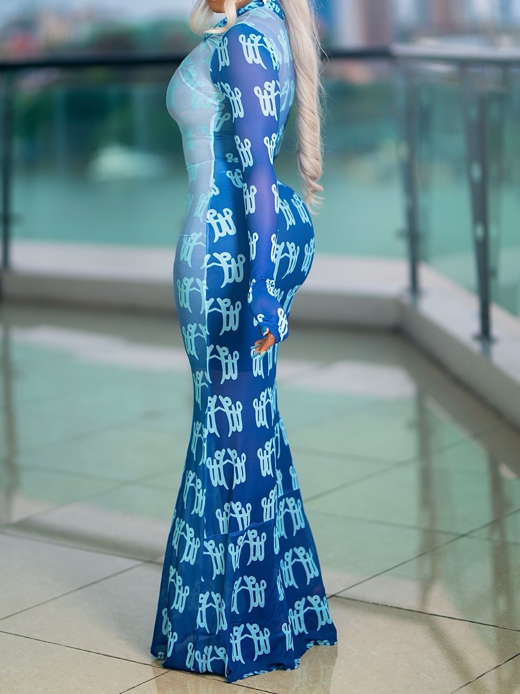 Elegant High Neck Long Sleeve Printed Maxi Dress