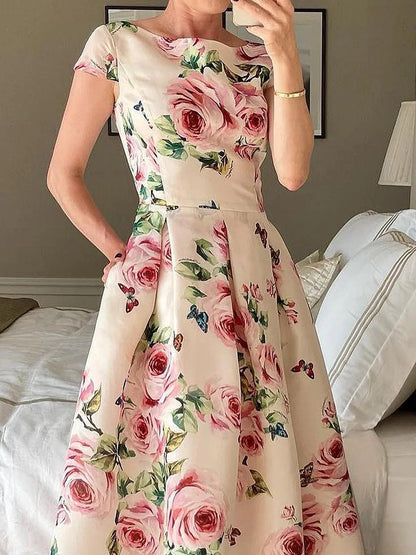 Floral Regular Fit Elegant Crew Neck Midi Dress