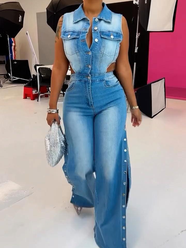 Sleeveless Waist Cutout Denim Button Jumpsuit