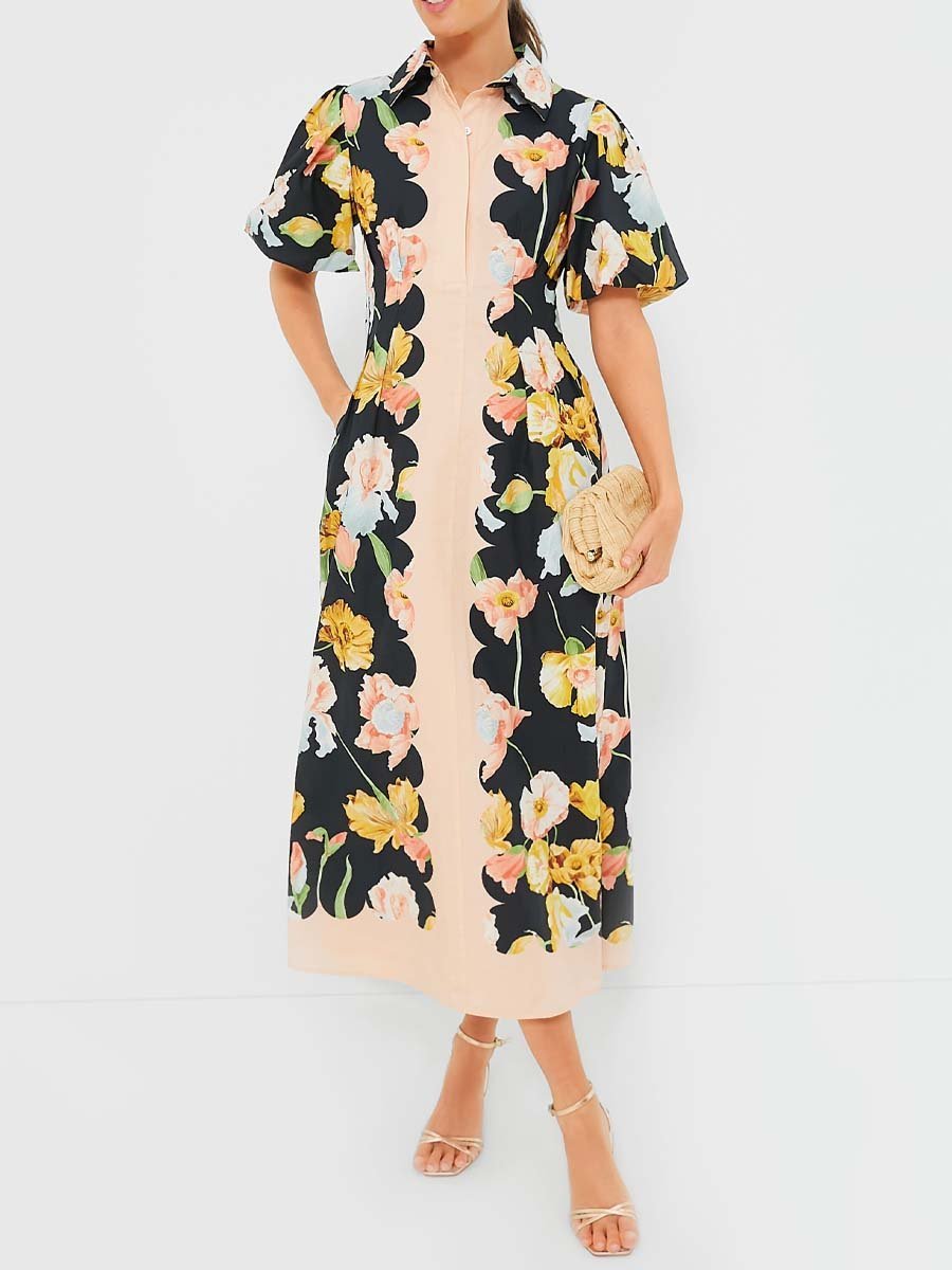 Collared Neckline Puff Sleeve Maxi Dress